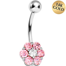 将图片加载到图库查看器，Solid 14k White Gold Pink Cubic Zirconia Flower Belly Ring
