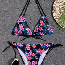 Load image into Gallery viewer, Sunset Bloom 2-Piece Triangle Bikini Set for Women – Vibrant Random Floral Print Halter Neck Swimsuit with Tie-Back Tie-Side Bottoms &amp; High Cut Legs – Women's High-Stretch Swimwear for Summer Beach Escapes
