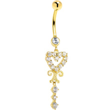 Load image into Gallery viewer, 16G Solid 14K Yellow Gold SCROLL DROP HEART Cubic Zirconia Belly Ring
