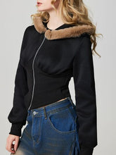 Load image into Gallery viewer, Black Fuzzy Hem Hooded Zip-Up Jacket With Long Sleeves and Casual Style Jacket
