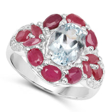 将图片加载到图库查看器，3.54 Carat Genuine Aquamarine, Ruby and White Topaz .925 Sterling Silver Ring
