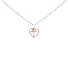 将图片加载到图库查看器，14K Rose Gold Plated Sterling Silver 1/5 Cttw Diamond Heart Cross Pendant Necklace
