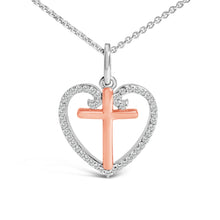 将图片加载到图库查看器，14K Rose Gold Plated Sterling Silver 1/5 Cttw Diamond Heart Cross Pendant Necklace
