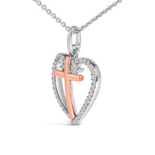 将图片加载到图库查看器，14K Rose Gold Plated Sterling Silver 1/5 Cttw Diamond Heart Cross Pendant Necklace
