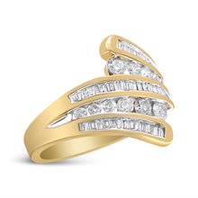 Load image into Gallery viewer, 10K Yellow Gold 1 Cttw Round and Baguette-Cut Diamond Multi Row Bypass Ring Band (H-I Color, I1-I2 Clarity) - Ring Size 7
