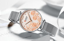 Load image into Gallery viewer, Womens Elegant Waterproof Clock With Decoupage Flower Details In Variant With Leather And Stainless Steel Knitted Belts
