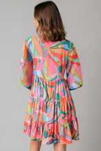 Load image into Gallery viewer, Multicolored Printed Long Sleeve Tie Neck Mini Dress Playful Statement Piece Charming Colored Dress
