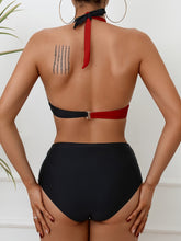 Load image into Gallery viewer, Bikini Black and White Contrast Color Criss Cross Neck 2 Piece Swimsuit for Women – Stylish Medium Stretch Two-Tone Bikini Set with Unique Neckline and Flattering Fit – Modern Swimwear for Beach Days, Pool Lounging, and Summer Escapes
