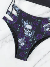 Load image into Gallery viewer, Bikini Skull Print Hollow-Out 2 Piece Swimsuit for Women – Sexy Lace-Up Floral Tie Bathing Suit with Crew Neck – High Stretch Halloween Inspired Bikini Set for Beach Party, Festival, and Summer Vacation
