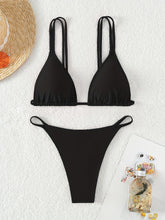 Load image into Gallery viewer, Bikini Solid Color Triangle V Neck 2 Piece Bikini Set for Women – Stretchy Double Strap Tie Back V String Swimwear with Lace Up Detail – Flattering Beach Vacation Swimsuit for Confident Summer Style and Poolside Fashion
