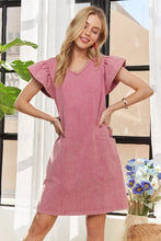 将图片加载到图库查看器，Mineral Washed V-Neck Ruffled Cap Sleeve Dress – Trendy, Comfortable, Playful, Unique Wash For Any Occasion
