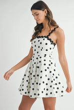 Load image into Gallery viewer, Polka Dot Mini Dress with Ricrac Trim Strap – Fun Polka Dot Pattern, Fluttering, Unique Ricrac Trim Strap, Playful and Stylish Mini Dress, Versatile Summer Dress
