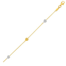 Load image into Gallery viewer, 14k Two-Toned Yellow and White Gold Anklet with Textured Hearts
