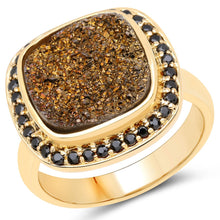 Load image into Gallery viewer, 14K Yellow Gold Plated 6.19 Carat Genuine Drusy Quartz and Black Spinel .925 Sterling Silver Ring

