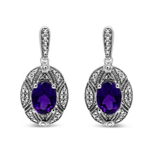 Load image into Gallery viewer, .925 Sterling Silver Diamond Accent and 8x6mm Purple Oval Amethyst Stud Earrings (I-J Color, I1-I2 Clarity)
