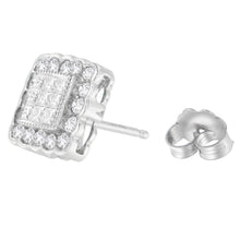 Load image into Gallery viewer, 14K White Gold 1.0 Cttw Round Brilliant &amp; Princess Cut Diamond Scallop-Edge Framed Square Halo Stud Earrings (G-H Color, SI1-SI2 Clarity)
