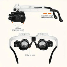 Load image into Gallery viewer, 2-LED Head-Mounted Magnifier Glasses – 8x/15x/23x with Repair Light
