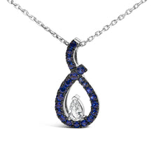 将图片加载到图库查看器，.925 Sterling Silver Created Blue and White Sapphire Teardrop Shaped Pendant Necklace - 18" Inches

