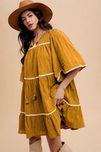 Load image into Gallery viewer, Tassel Contrast Trim Tie Neck Half Sleeve Tiered Dress For Women – Bohemian Inspired Tiered Dress with Tassel Accents and Contrast Trim for a Playful Look
