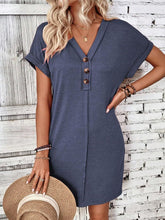 Load image into Gallery viewer, Elegant Button V-Neck Short Sleeve Dress Flattering Casual &amp; Office Wear Simple Dress

