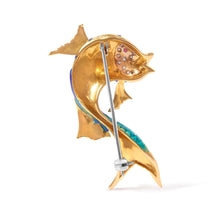 Load image into Gallery viewer, 18K Yellow Gold and Blue Enamel Diamond and Pink Sapphire Fish Brooch Pin (H-I Color, VS2-SI1 Clarity)
