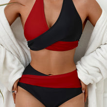 Load image into Gallery viewer, Bikini Black and White Contrast Color Criss Cross Neck 2 Piece Swimsuit for Women – Stylish Medium Stretch Two-Tone Bikini Set with Unique Neckline and Flattering Fit – Modern Swimwear for Beach Days, Pool Lounging, and Summer Escapes
