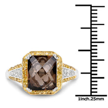 Load image into Gallery viewer, 3.48 Carat Genuine Smoky Quartz, Yellow Diamond and White Diamond .925 Sterling Silver Ring

