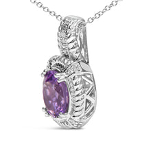 Load image into Gallery viewer, .925 Sterling Silver 9x7mm Oval Purple Amethyst and Round Diamond Accent Fashion Drop Pendant 18 Inch Necklace (I-J Color, I1-I2 Clarity)
