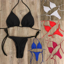将图片加载到图库查看器，2pcs Bikini Set Padded Bra Women Push-Up Solid Swimwear Bandage Bathing Suit Swimsuit Swimming Suit Knotted String Triangle Bikini Tie Side High Cut Cheeky Bikini Set
