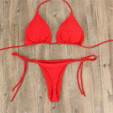 将图片加载到图库查看器，2pcs Bikini Set Padded Bra Women Push-Up Solid Swimwear Bandage Bathing Suit Swimsuit Swimming Suit Knotted String Triangle Bikini Tie Side High Cut Cheeky Bikini Set
