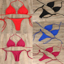 将图片加载到图库查看器，2pcs Bikini Set Padded Bra Women Push-Up Solid Swimwear Bandage Bathing Suit Swimsuit Swimming Suit Knotted String Triangle Bikini Tie Side High Cut Cheeky Bikini Set
