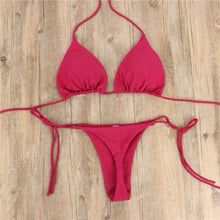 将图片加载到图库查看器，2pcs Bikini Set Padded Bra Women Push-Up Solid Swimwear Bandage Bathing Suit Swimsuit Swimming Suit Knotted String Triangle Bikini Tie Side High Cut Cheeky Bikini Set
