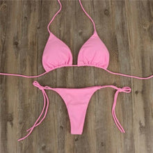 将图片加载到图库查看器，2pcs Bikini Set Padded Bra Women Push-Up Solid Swimwear Bandage Bathing Suit Swimsuit Swimming Suit Knotted String Triangle Bikini Tie Side High Cut Cheeky Bikini Set

