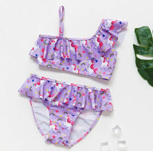 将图片加载到图库查看器，3-16Y Cartoon Two-piece Girls Swimwear Ruffle Swimsuit Bikini Set One Shoulder Beachwear Princess Two Piece Bathing Suit Children Swimwear Girls Swimsuit Bikini Set
