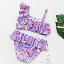 将图片加载到图库查看器，3-16Y Cartoon Two-piece Girls Swimwear Ruffle Swimsuit Bikini Set One Shoulder Beachwear Princess Two Piece Bathing Suit Children Swimwear Girls Swimsuit Bikini Set
