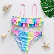 将图片加载到图库查看器，3-16Y Cartoon Two-piece Girls Swimwear Ruffle Swimsuit Bikini Set One Shoulder Beachwear Princess Two Piece Bathing Suit Children Swimwear Girls Swimsuit Bikini Set
