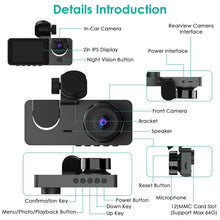 Load image into Gallery viewer, 3 Channel Dash Cam Front Inside Rear Vehicle Driving Recorder Car DVR
