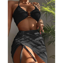 Load image into Gallery viewer, 3-Pack: Textured Ring Linked Halter Bikini Swimsuit &amp; Beach Skirt
