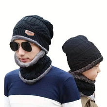 Load image into Gallery viewer, 3-Piece Set: Black Knit Hats Warm Beanies Winter Neck Gaiter Elastic Gloves
