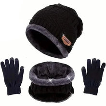 Load image into Gallery viewer, 3-Piece Set: Black Knit Hats Warm Beanies Winter Neck Gaiter Elastic Gloves
