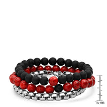 Load image into Gallery viewer, 3-Piece Set: Men's Black Lava, Red Agate And Round Box Link Bracelets
