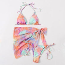 Load image into Gallery viewer, 3 Piece Women Bikini Modern Swimsuit Women High Cut  Suit Halter Swimwear Women's Bikini Swimsuits With Wrap Skirt Lace Up Pieces Strings High Cut Bikini Set Bathing Suits Female Triangle Backless Bathing Suit
