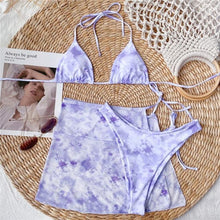 Load image into Gallery viewer, 3 Piece Women Bikini Modern Swimsuit Women High Cut  Suit Halter Swimwear Women's Bikini Swimsuits With Wrap Skirt Lace Up Pieces Strings High Cut Bikini Set Bathing Suits Female Triangle Backless Bathing Suit
