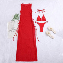 将图片加载到图库查看器，3 Pieces Set High Neck Swimwear Female Swimsuit Cover-Ups For Women Skirts Bikini Halter Triangle Bathing Suit Maxi Dress Bikini Cover Up

