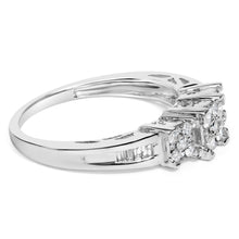 Load image into Gallery viewer, 10K White Gold 1/2 Cttw Brilliant &amp; Baguette Cut Diamond 3 Stone Design with 3 Square Clusters Engagement Ring (H-I Color, SI2-I1 Clarity) - Size 6-3/4
