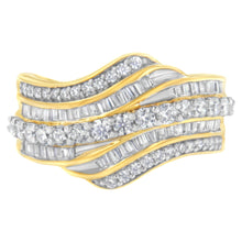 Load image into Gallery viewer, 10K Yellow Gold 1.0 Cttw Baguette and Round Diamond Multi-Row Wave Bypass Ring (I-J Color, I1-I2 Clarity) - Ring Size 7
