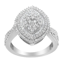 Load image into Gallery viewer, .925 Sterling Silver 1.0 Cttw Round &amp; Baguette-Cut Diamond Marquise-Shaped Cluster Triple Stepped Halo Cocktail Fashion Ring (I-J Color, I2-I3 Clarity) - Size 7
