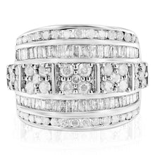 Load image into Gallery viewer, .925 Sterling Silver 2.0 Cttw Round &amp; Baguette Cut Diamond Multi-Row Channel Set Tapered Cocktail Fashion Ring (I-J Color, I3 Clarity) - Size 7
