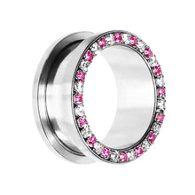 Load image into Gallery viewer, 7/8 Stainless Steel Pink Clear Gem Screw Fit Tunnel
