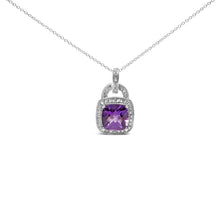 Load image into Gallery viewer, .925 Sterling Silver 10X10 MM Cushion Purple Amethyst and Diamond Accent Halo 18" Pendant Necklace (I-J Color, I1-I2 Clarity)
